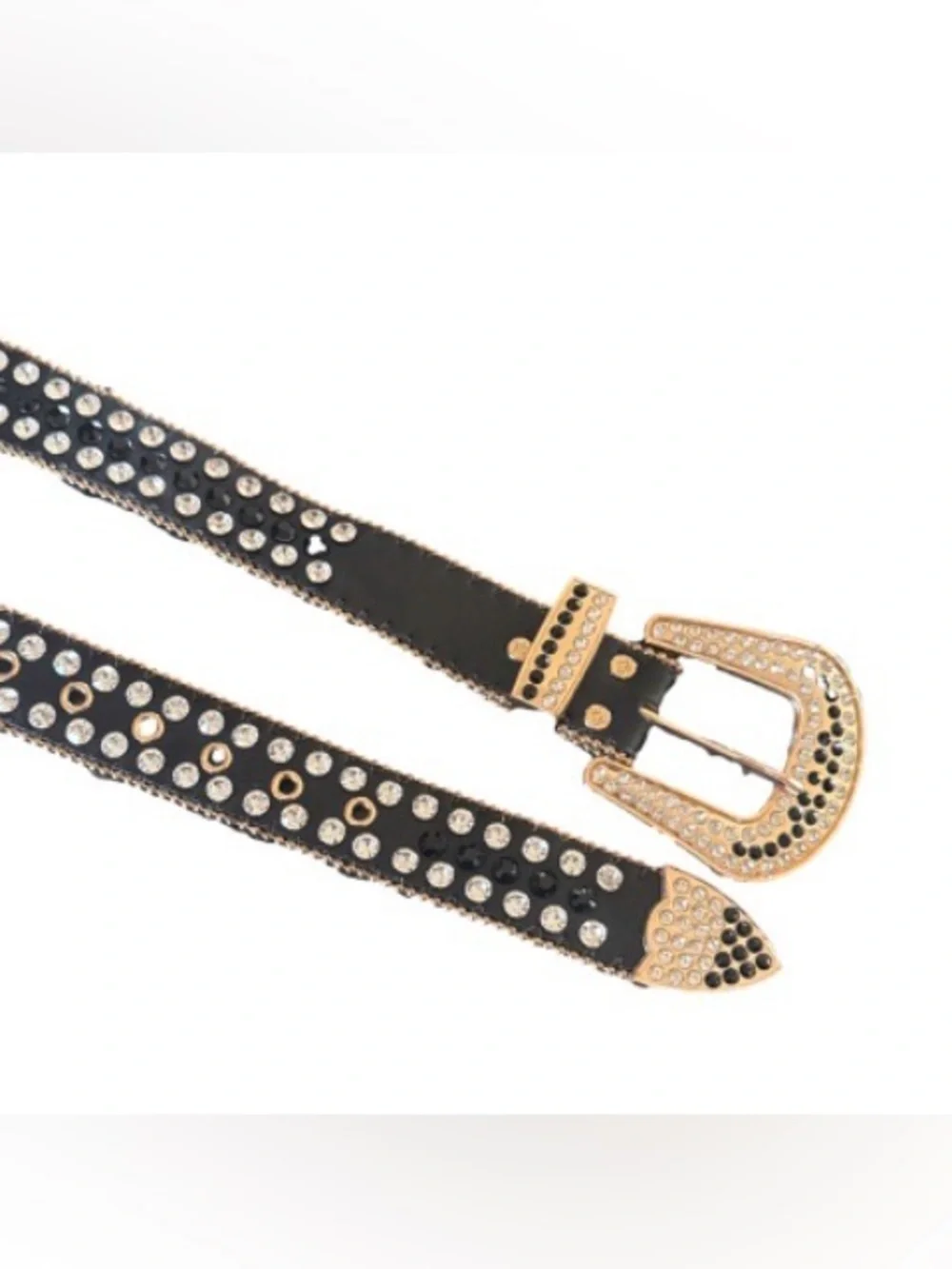 Women's Black Crystal-gold hardware Embellished western Chain-Trim Belt
